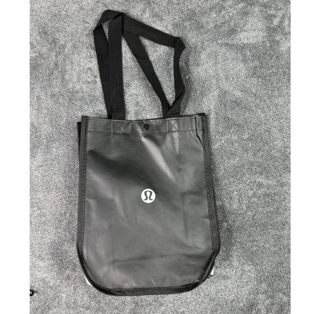 Lululemon Small Reusable Shopping Tote Bag Black White Logo Snap Closure